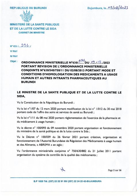 Ordonnance ministerielle 630-991 portant révision de l'ordonnance ministerielle 630/450/750 portant mode et conditions d'homologation des médicaments à usage humain et autresintrants pharmaceutiques au Burundi