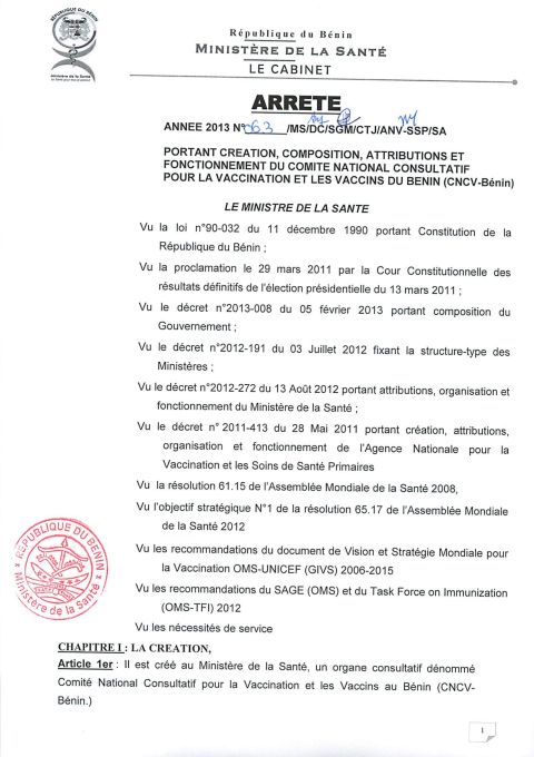 Arrêté 2013 N° 63 portant création, composition, attributions et fonctionnement du comité national consultatif pour la vaccination et les vaccins du Bénin (CNCV-Bénin)