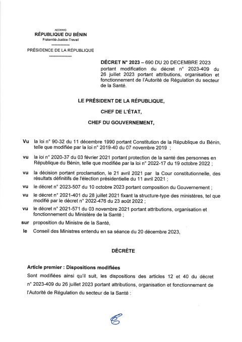 Décret No 2023-690  portant modification du décret No 2023 - 409 du 26 juillet 2023 portant attributions, organisation et fonctionnement de l'autorité de régulation du secteur de la Santé