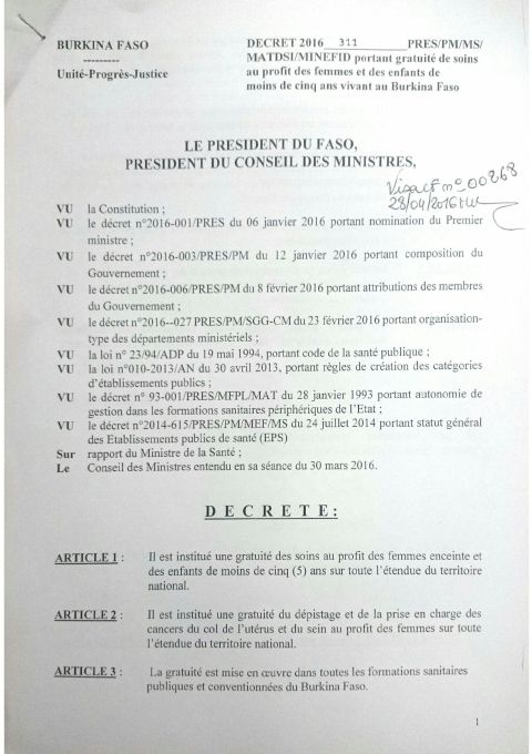 Décret 2016-311 PRES/PM/MS/MATDSI/MINEFID portant gratuité de soins au profit des femmes et des enfants de moins de cinq and vivant au Burkina Faso