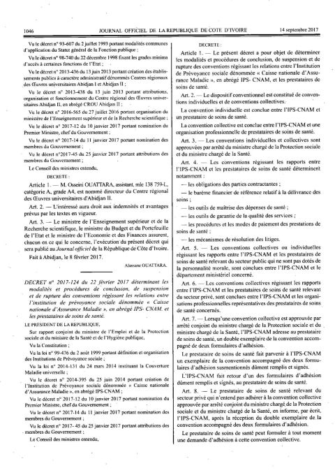 Décret n°2017-124 du 22 février 2017 déterminant les modalités et procédures de conclusion, de suspension et de rupture des conventions régissant les relations entre l'institution de prévoyance sociale dénommée "Caisse National D'Assurance Maladie" e...