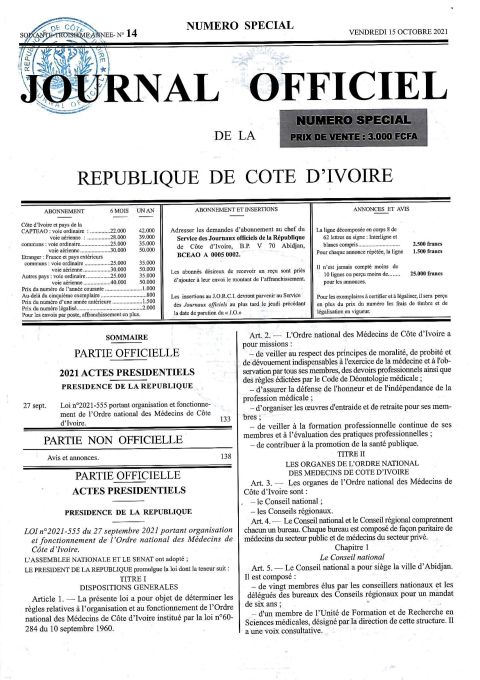 Loi N°2021-555 portant organisation et fonctionnement de l'Ordre national des Médecins de Côte d'Ivoire