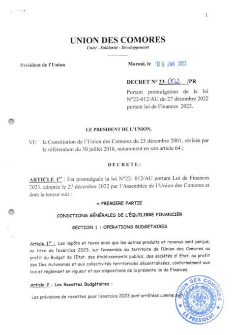Décret No 23-002/PR portant promulgation de la loi No 22-012/AU du 27 decembre 2022 portant loi de Finances 2023