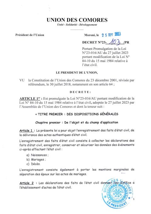 Décret N°23-103 /PR Portant Promulgation de la Loi N°23-016/AU du 27 juillet 2023 portant modification de la Loi N° 84-10 du 15 mai 1984 relative à l'état civil