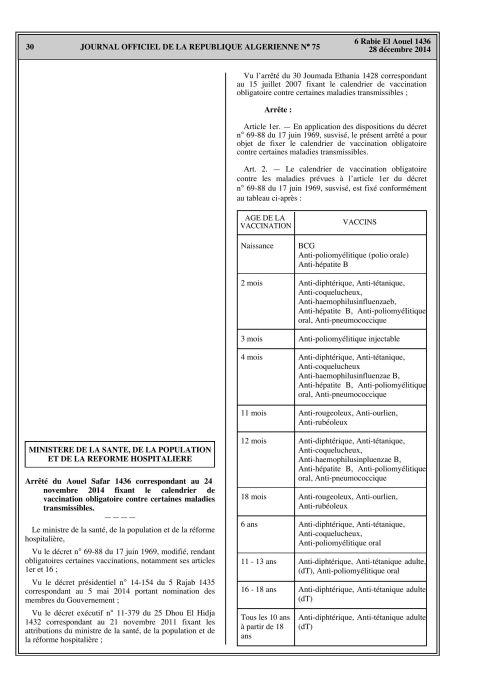 Arrêté du Aouel Safar 1436 fixant le calendrier de vaccination obligatoire contre certaines maladies transmissibles