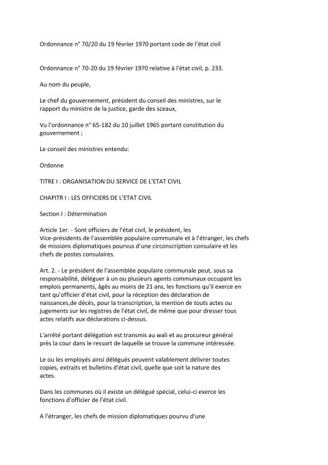 Ordonnance No 70/20 portant code de l’état civil