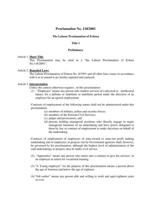 Proclamation No. 118/2001 The Labour Proclamation of Eritrea