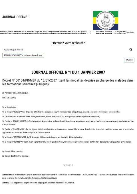 Décret No 00104/PR/MSP fixant les modalités de prise en charge des malades des dans les formations sanitaires publiques