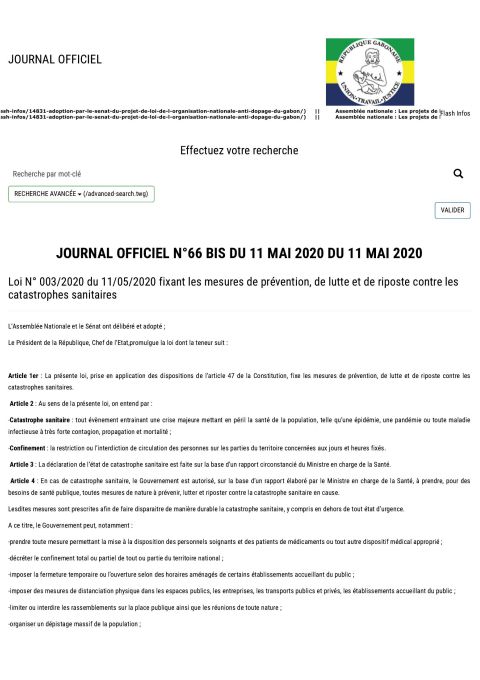 Loi No 003/2020 fixant les mesures de prévention, de lutte et de riposte contre les catastrophes sanitaires