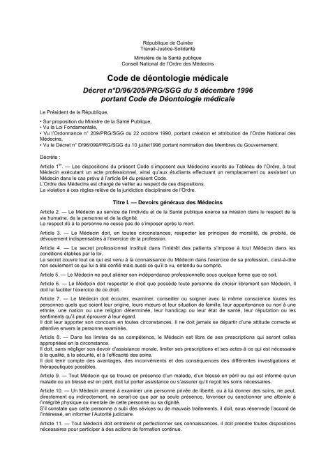 Décret No D/96/205/PRG/SGG du 5 décembre 1996 portant Code de Déontologie médicale
