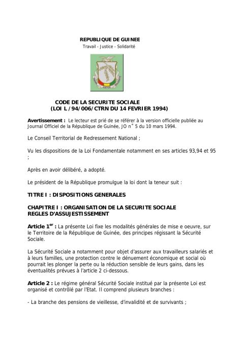 Loi L /94/006/CTRN DU 14 FEVRIER 1994- Code de la Sécurité Sociale