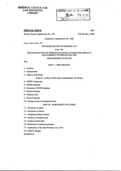 The Registration of Persons (National Integrated Identity Management System) Rules, 2020
