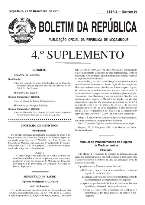 Diploma Ministerial No 223/2010 Aprova o Manual de Registo de Medicamentos