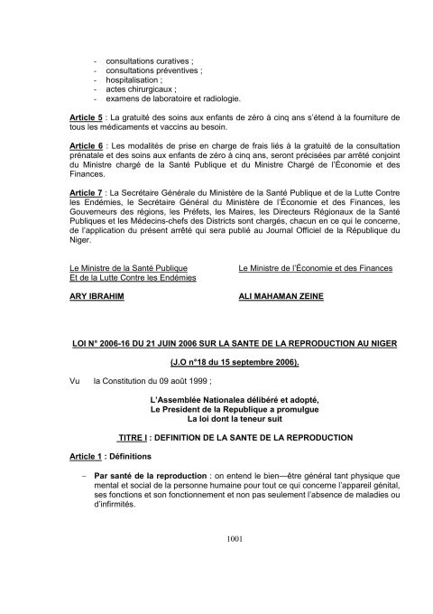Loi No 2006-16 sur la Santé de la Reproduction au Niger