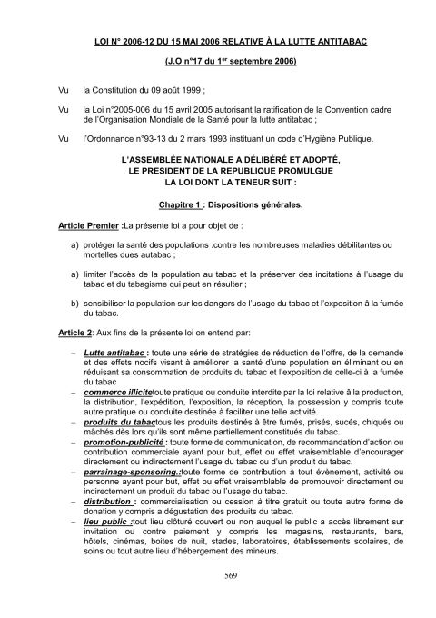 Loi No 2006-12, relative à la Lutte Antitabac