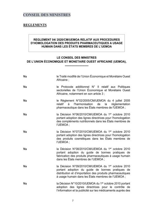 Règlement No 04/2020/CM/UEMOA relatif aux procédures d’homologation des produits pharmaceutiques à usage humain