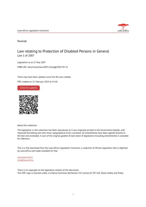 Law No 1/2007 Relating to Protection of Disabled Persons in General