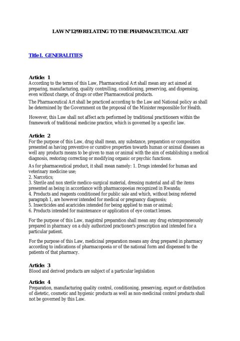 Law No 12/99 Relating to the Pharmaceutical Art
