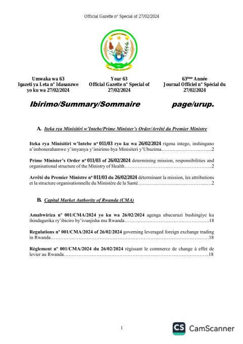 Prime Minister’s Order No 011/03 of 26/02/2024 determining mission, responsibilities and organisational structure of the Ministry of Health