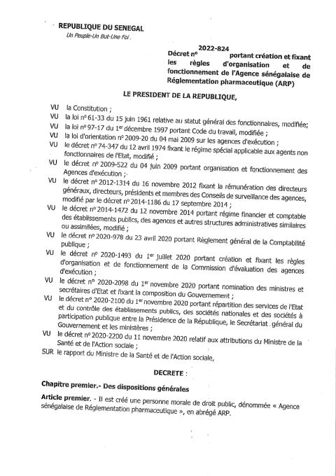 Décret No 2022-824 portant création et fixant les règles d'organisation et de fonctionnement de l'Agence sénégalaise de Réglementation pharmaceutique