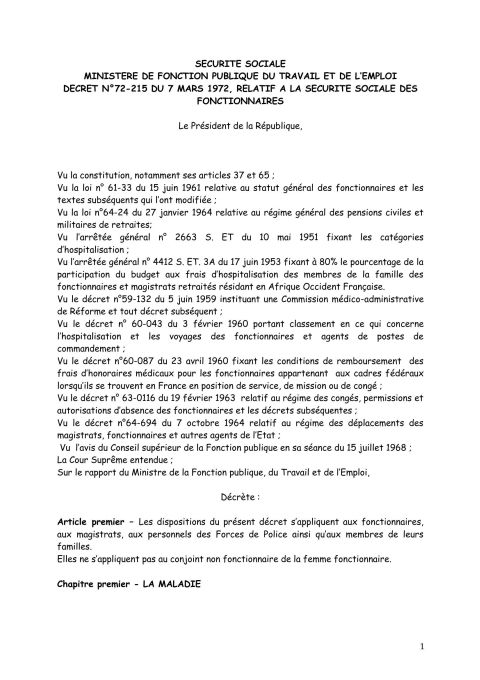 Décret No 72-215 relatif à la sécurité sociale des fonctionnaires