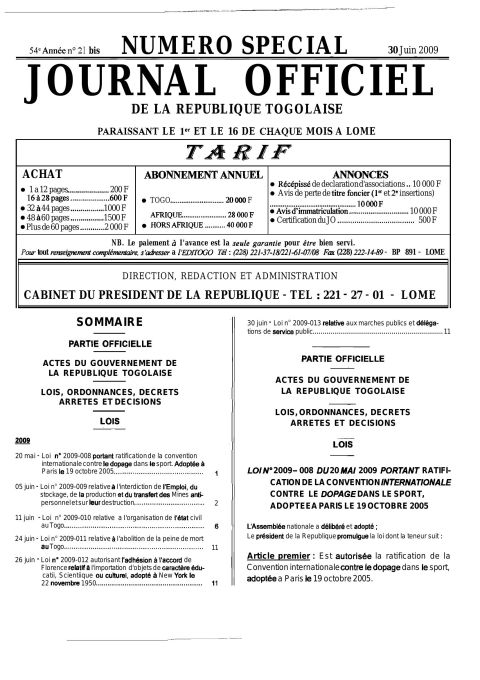 Loi No. 2009-010 relative a I 'organisation de l'état civil au Togo