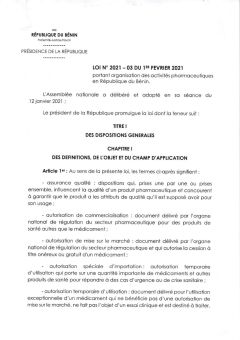 Loi No 2021-03 portant organisation des activités pharmaceutiques en République du Bénin