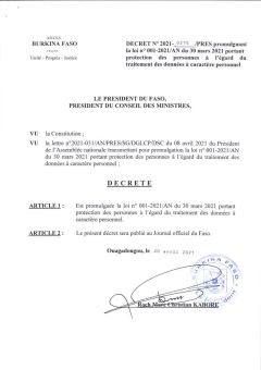 Loi n° 001-2021/AN  portant protection des personnes à l'égard du traitement des données à caractère personnel