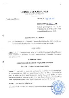 Décret No 23-002/PR portant promulgation de la loi No 22-012/AU du 27 decembre 2022 portant loi de Finances 2023