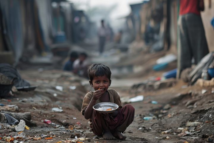 Picture of a child eating a meal surrounded by mud and rubbish