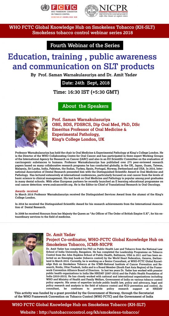 WHO FCTC Global Knowledge Hub on Smokeless Tobacco Education, training