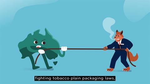 Still from animated video - Legal Challenges to Tobacco Control Laws. Cartoon shows a fight between Australia and tobacco companies.