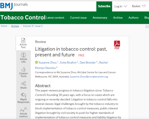 Screenshot: article in BMJ Tobacco Control journal titled Litigation in tobacco control: past, present and future