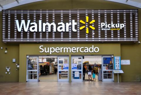 Walmart sign in front of the entrance of the store (Cabo San Lucas, Mexico).