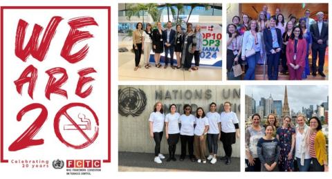 FCTC 20th anniversary photo collage - "We are 20" slogan and group photos of the staff and collaborators of the Knowledge Hub on legal challenges