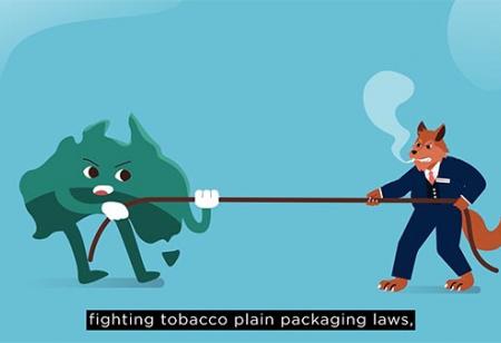 Still from animated video - Legal Challenges to Tobacco Control Laws. Cartoon shows a fight between Australia and tobacco companies.