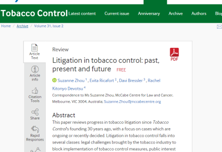 Screenshot: article in BMJ Tobacco Control journal titled Litigation in tobacco control: past, present and future