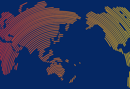 The McCabe Centre banner, featuring a stylized world map in blue, yellow, and red