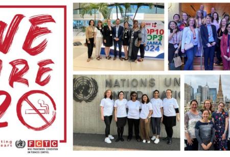 FCTC 20th anniversary photo collage - "We are 20" slogan and group photos of the staff and collaborators of the Knowledge Hub on legal challenges