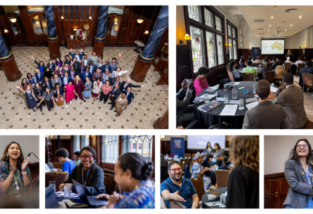 Collage of photos of participants and speakers in action at a workshop