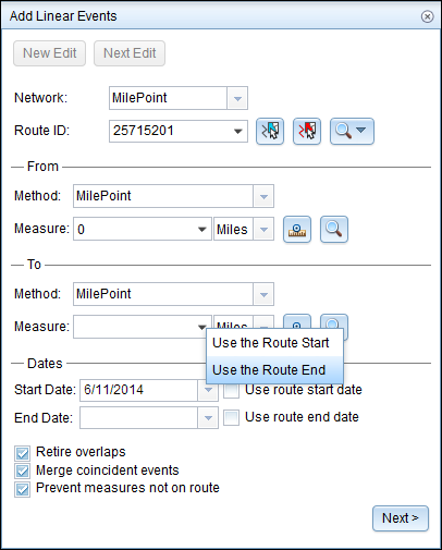 Get the To Measure value of the event from the Route End value