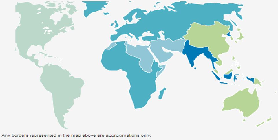 World map by WHO region