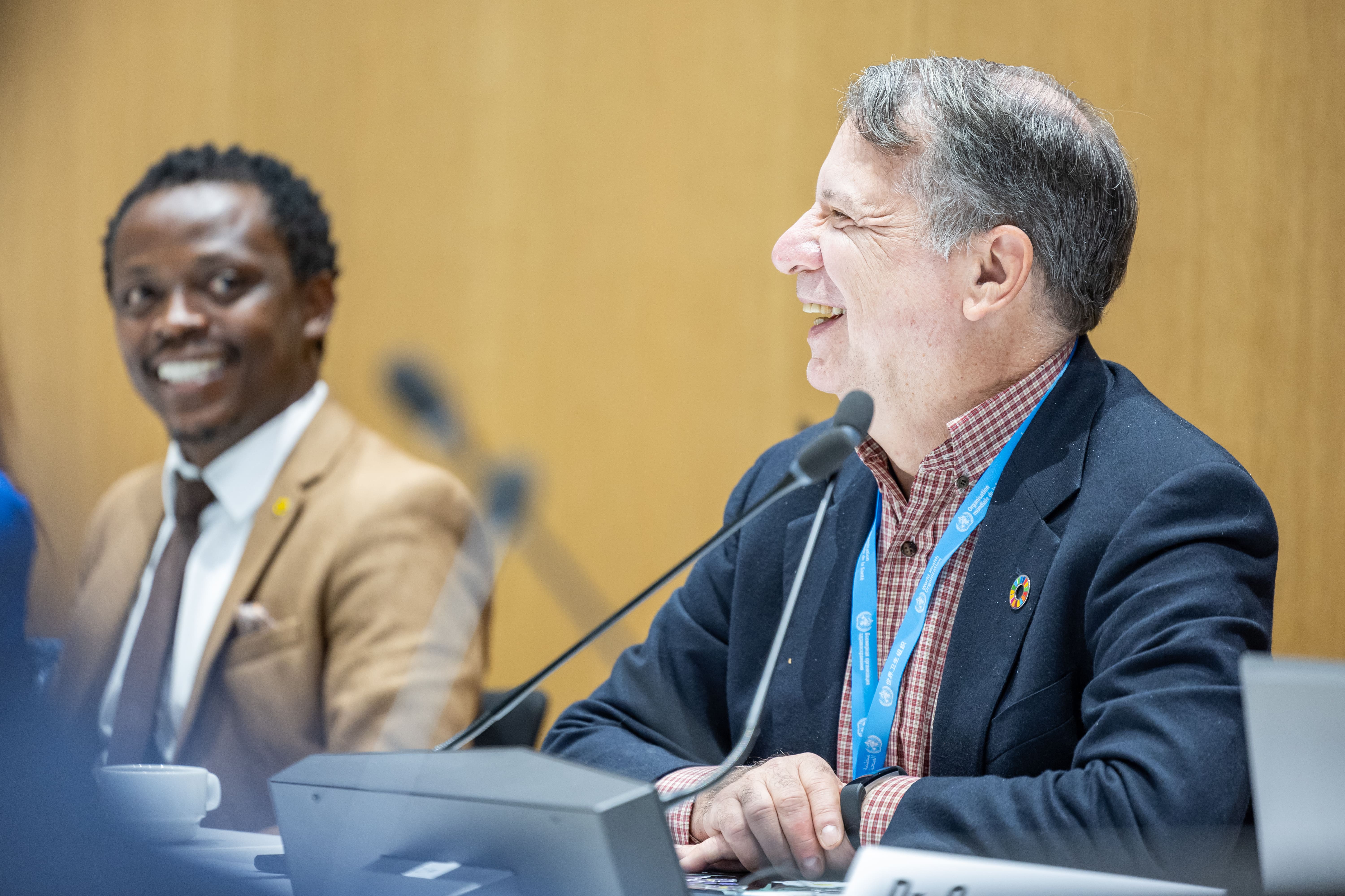 Caption: Dr Landry Ndriko Mayigane, WHO, and Dr Richard Garfield, US CDC, during the Interagency SimEx