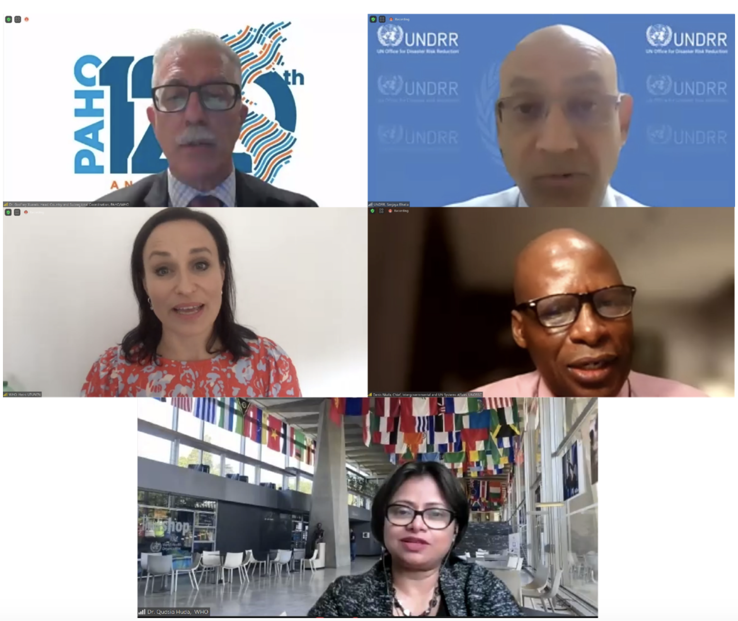 Top-left to bottom-right: Dr. Godfrey Xuereb, Head of Country and Subregional Coordination, PAHO/WHO; Sanjaya Bhatia, Head of Global Education and Training Institute, UNDRR, Heini Utunen, Head a.i. of Learning and Capacity Development Unit, WHO Health Emergencies Programme; Denis Nkala, Chief of Inter-governmental and UN Affairs, UNOSSC), and Dr. Qudsia Huda (Head of Disaster Risk Management and Resilience Unit, WHO).