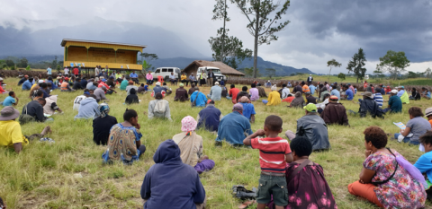 Physical distancing being practiced during a community health awareness campaign for COVID-19 by the Western Highlands Provincial Health Authority in partnership with the Tambul-Nibilyer District Development Authority in Nibilyer, Western Highlands Province