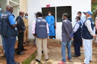 WHO representative Dr Boureima Sambo visiting the Benishangul regional COVID-19 lab in Assosa with the country office COVID-19 Incident Management Team