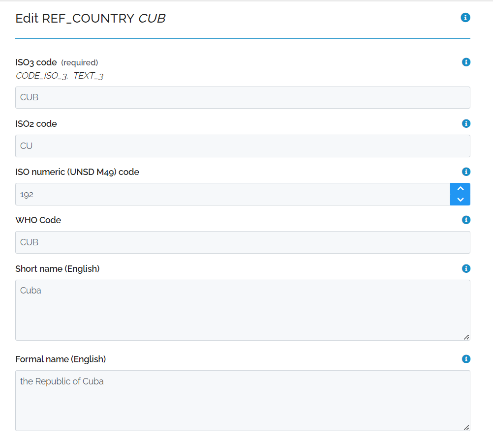 Image showing the Data Edit Form. The populated fields for Cuba are displayed