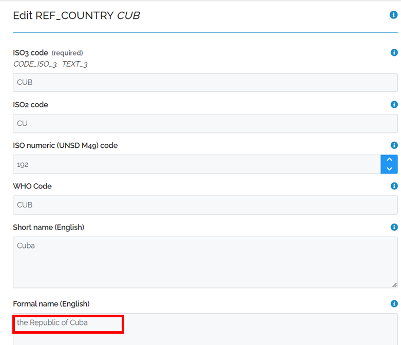 Image showing the Data Edit Form for Cuba with a box around the Formal name (English) 