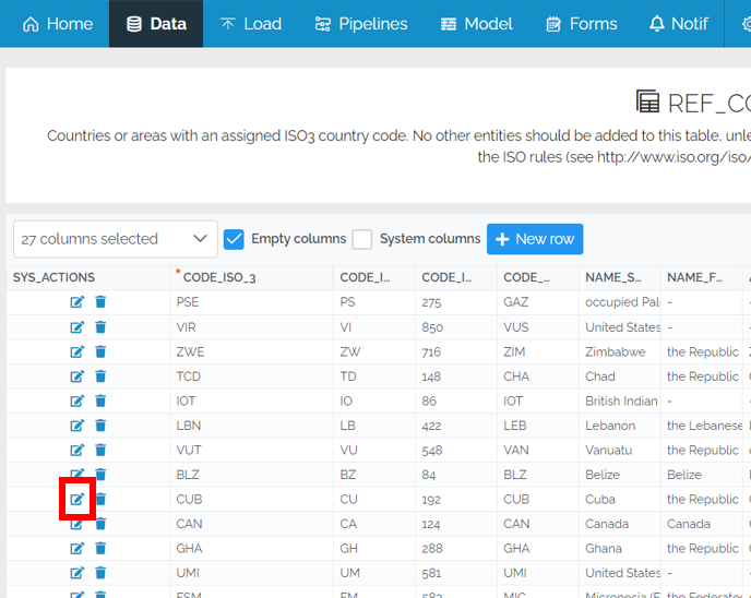 Image showing the Data Edit Grid with a red box box around the Sys_Actions Edit button for the record for Cuba