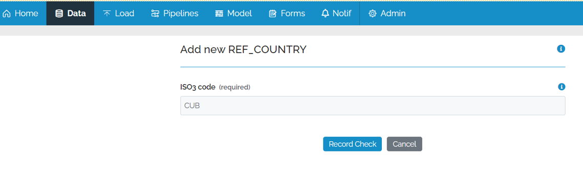 Image showing the Data Add Form. The only field the the ISO3 Code and it is populated with "CUB"